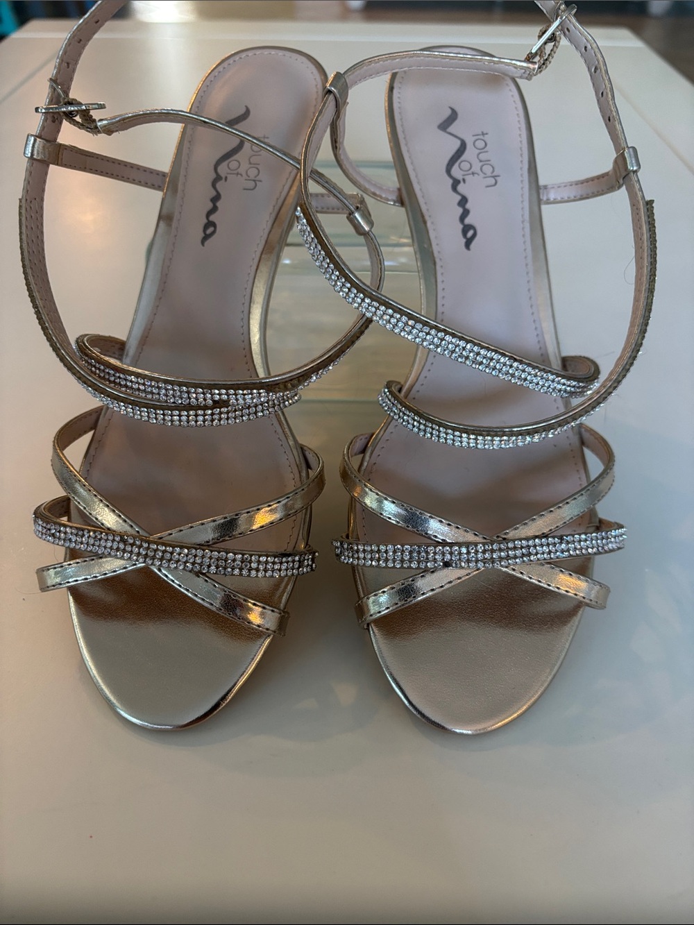 Touch of Nina Gold Strappy Rhinestone Dress Sandals 6.5